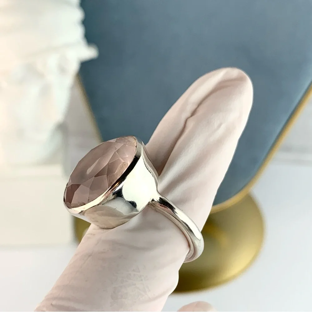 Sterling Silver Rose Quartz Large Round Statement Ring